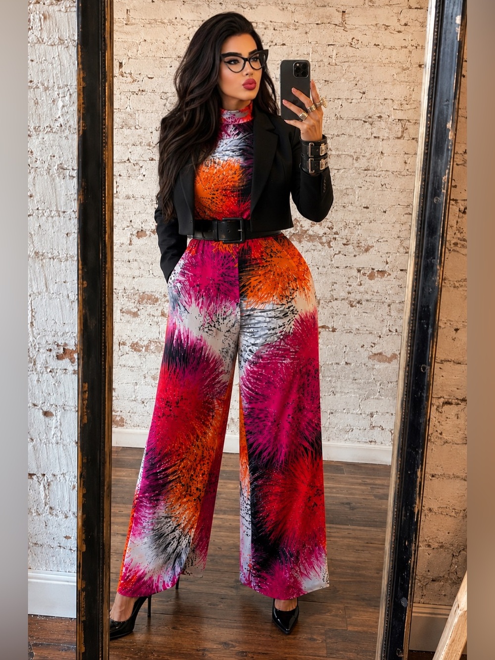 Boho Wide Leg Jumpsuit Bold Abstract Print Pockets NWOT Boutique
